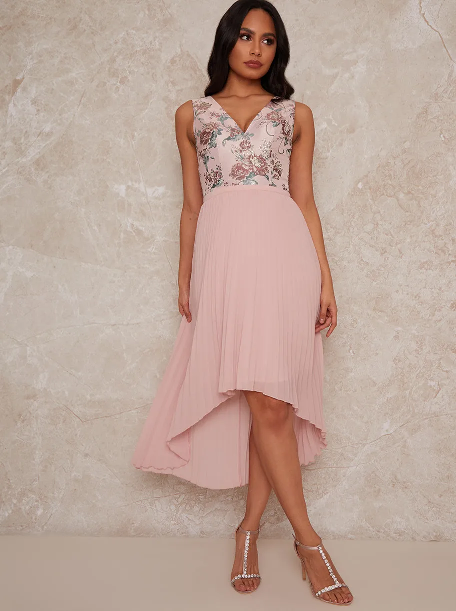 Sleeveless Floral Jacquard Dip Hem Midi Dress in Pink sold by Chi Chi London