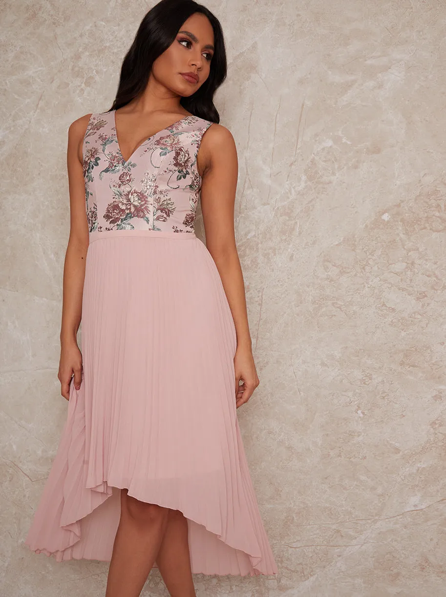 Sleeveless Floral Jacquard Dip Hem Midi Dress in Pink sold by Chi Chi London product image thumbnail 2