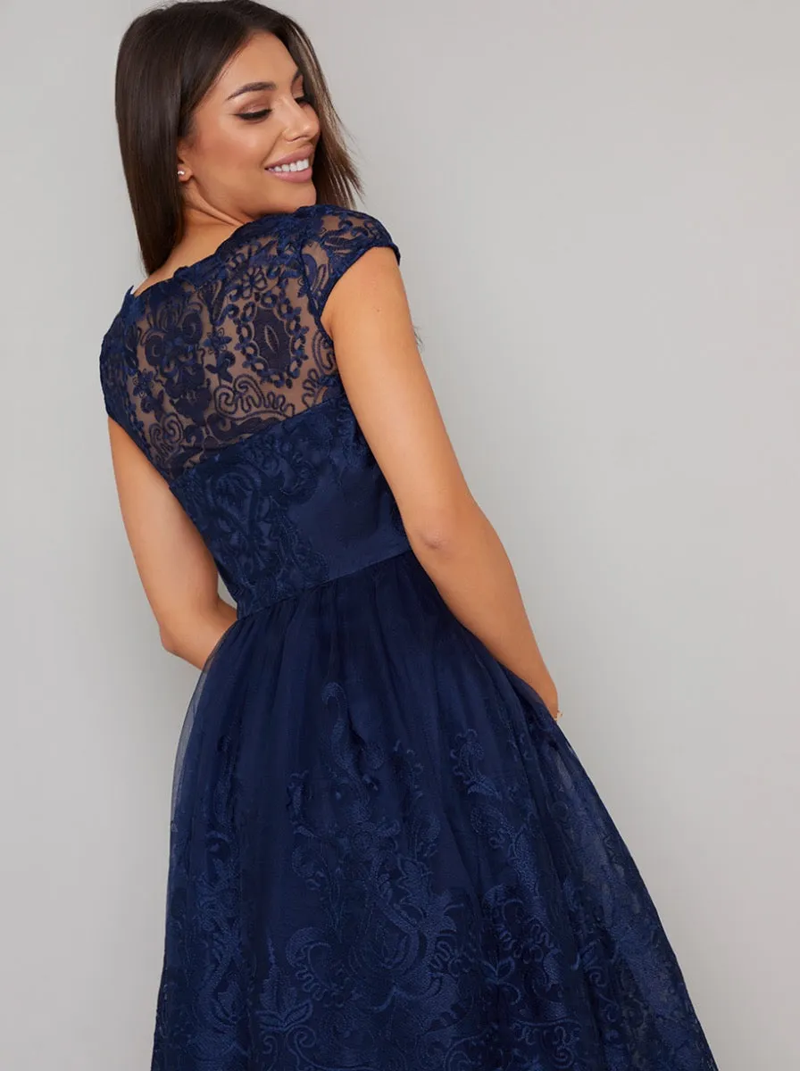 Tall Baroque Style Tea Midi Dress in Blue sold by Chi Chi London product image thumbnail 4