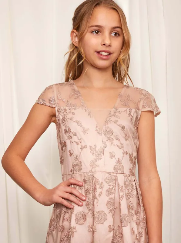 Older Girls Embroidered Midi Dress in Champagne sold by Chi Chi London