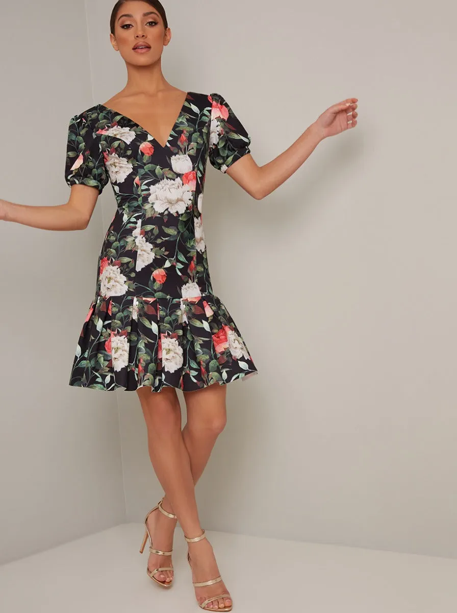 Puff Sleeved Frill Hem Print Mini Dress in Black sold by Chi Chi London