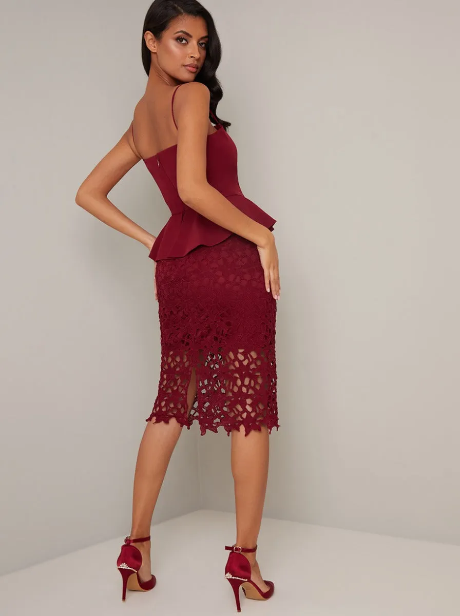 Cami Strap Peplum Bodycon Lace Midi Dress in Red sold by Chi Chi London product image thumbnail 3