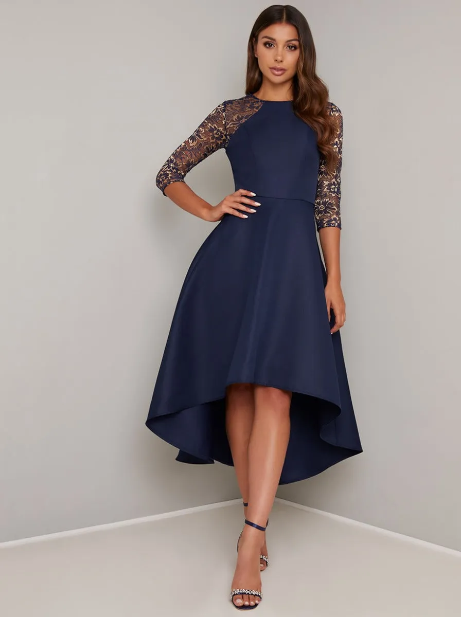3/4 Sleeved Dip Hem Midi Dress in Blue sold by Chi Chi London