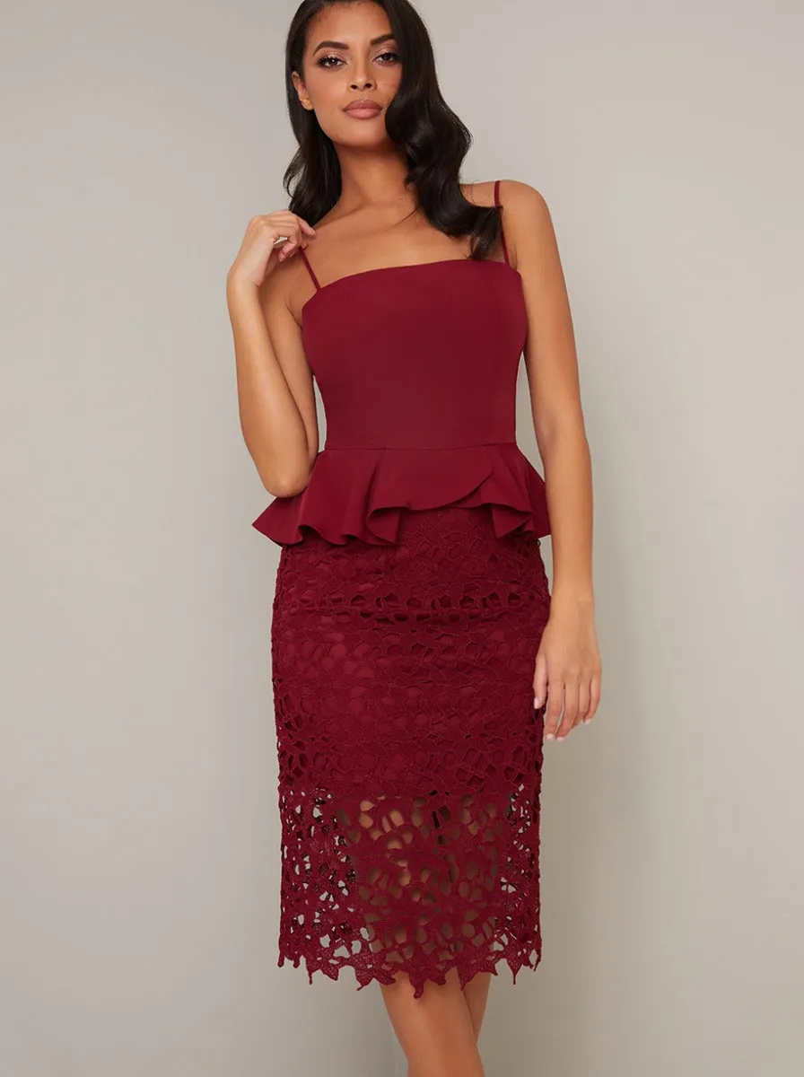 Cami Strap Peplum Bodycon Lace Midi Dress in Red sold by Chi Chi London product image thumbnail 4