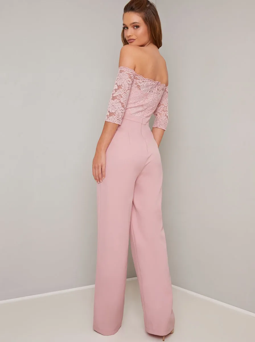 Fitted Bardot Lace Jumpsuit in Pink sold by Chi Chi London product image thumbnail 4