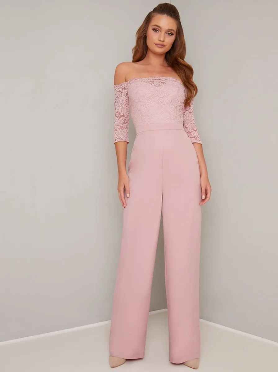 Fitted Bardot Lace Jumpsuit in Pink sold by Chi Chi London