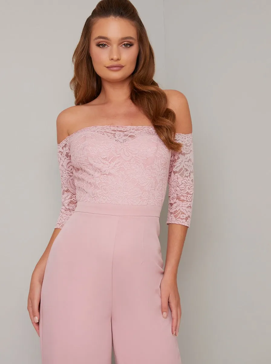 Fitted Bardot Lace Jumpsuit in Pink sold by Chi Chi London product image thumbnail 2
