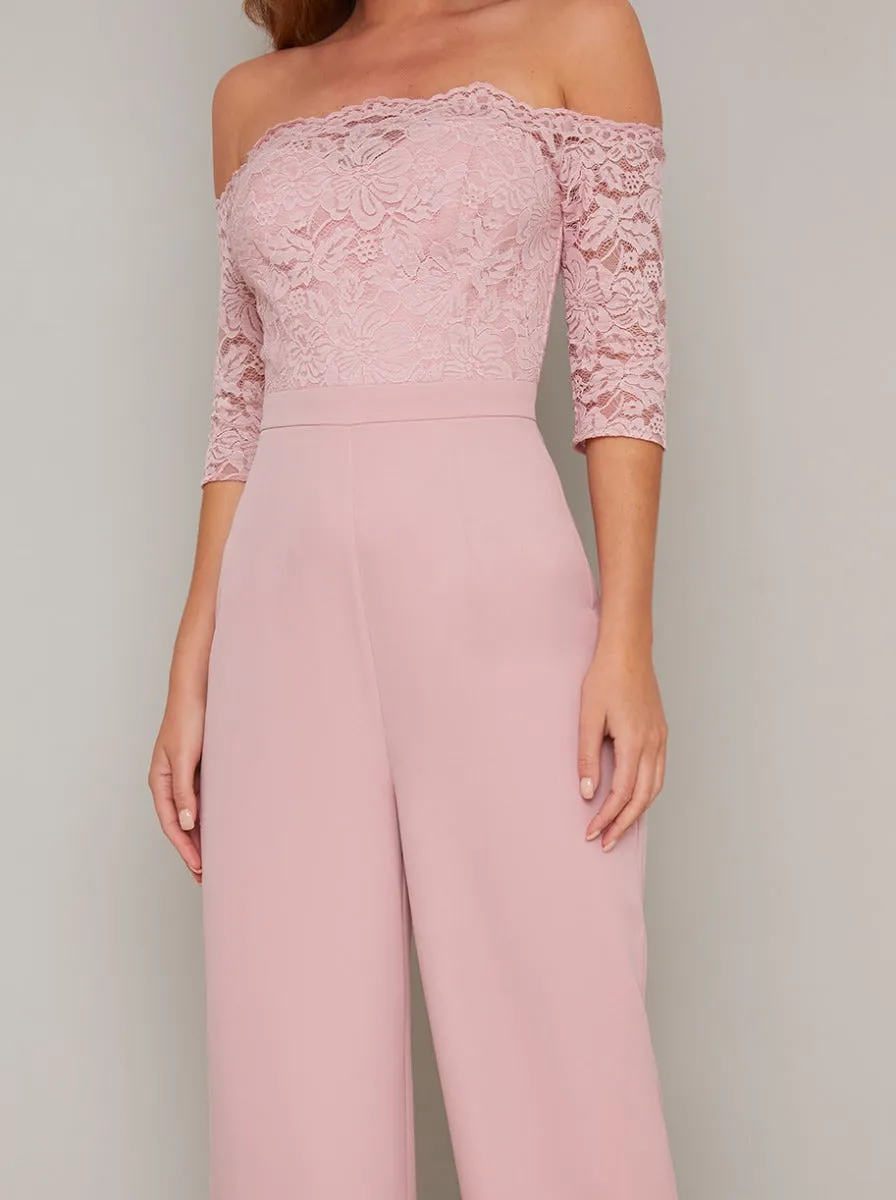 Fitted Bardot Lace Jumpsuit in Pink sold by Chi Chi London product image thumbnail 3