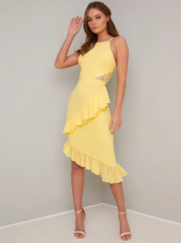 Ruffle Detail Fitted Midi Dress in Yellow sold by Chi Chi London