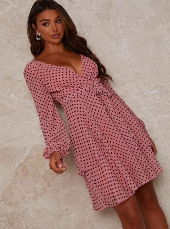 Polka Dot Chiffon Wrap Midi Dress in Pink sold by Chi Chi London