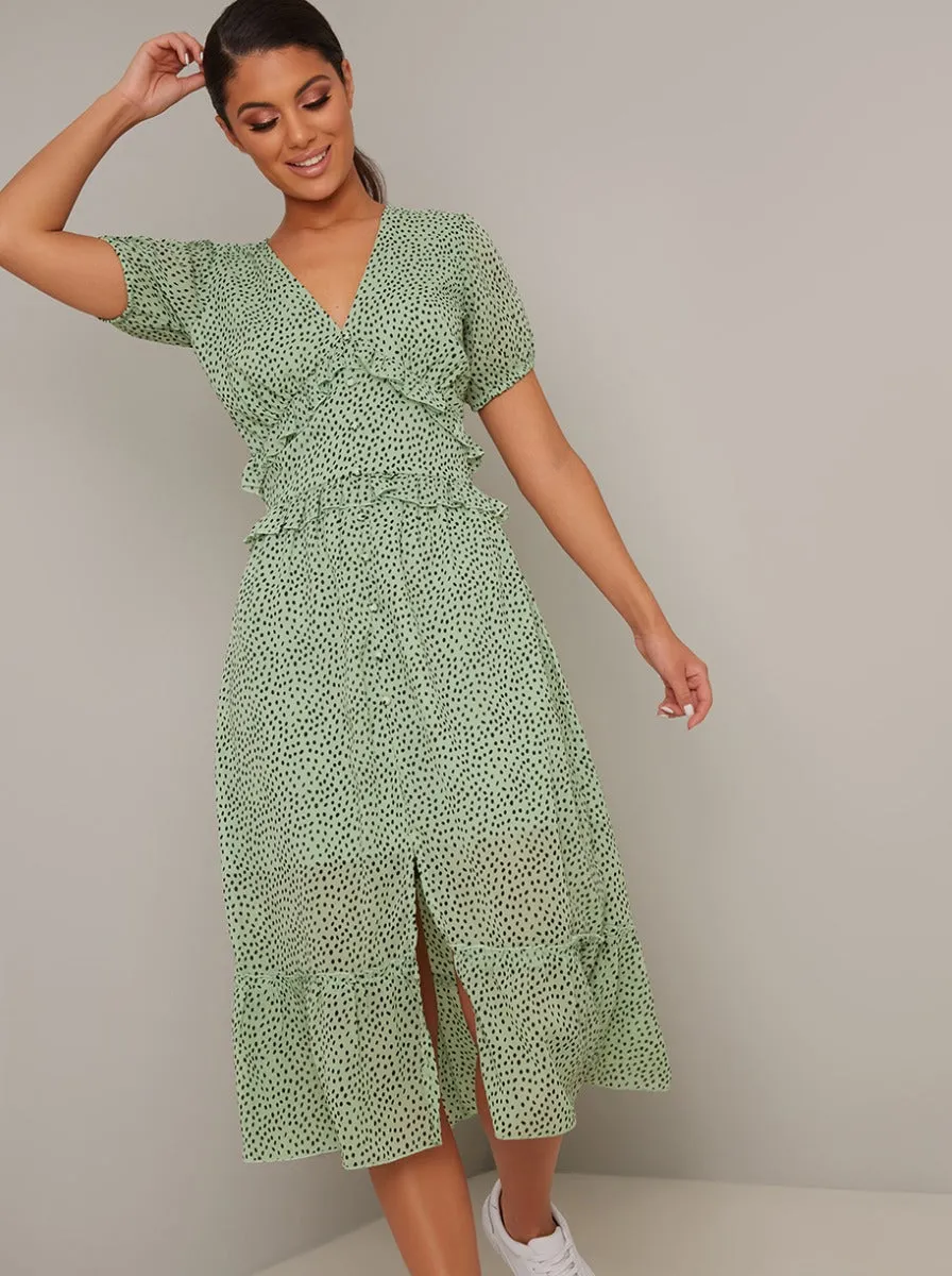 Spot Print Ruffle Detail Midi Dress In Green sold by Chi Chi London product image thumbnail 3