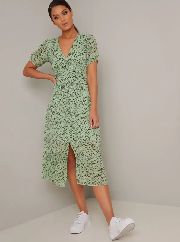Spot Print Ruffle Detail Midi Dress In Green sold by Chi Chi London