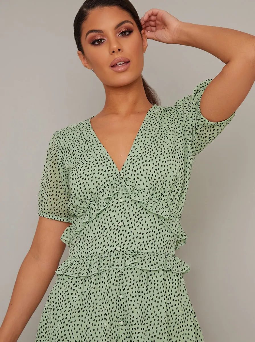 Spot Print Ruffle Detail Midi Dress In Green sold by Chi Chi London product image thumbnail 2