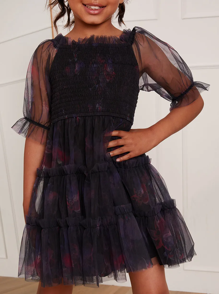 Younger Girls Puff Sleeve Shirred Floral Midi Dress in Black sold by Chi Chi London product image thumbnail 4