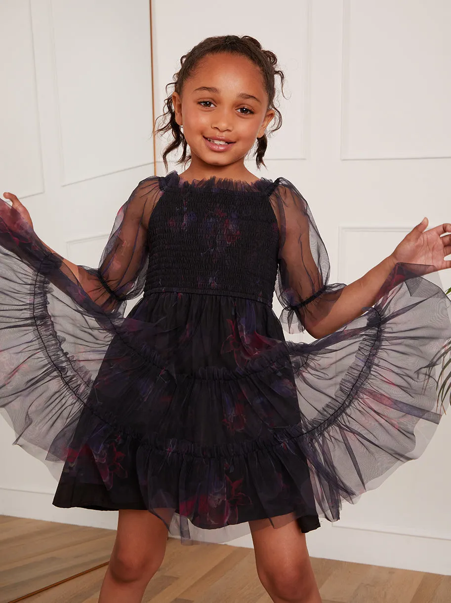 Younger Girls Puff Sleeve Shirred Floral Midi Dress in Black sold by Chi Chi London product image thumbnail 5