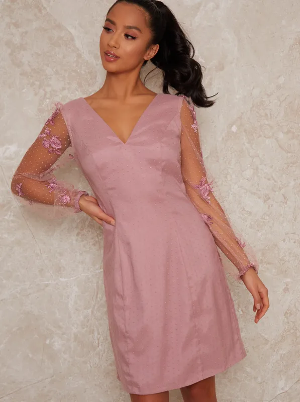 Petite Sheer Lace Sleeve Midi Dress in Pink sold by Chi Chi London
