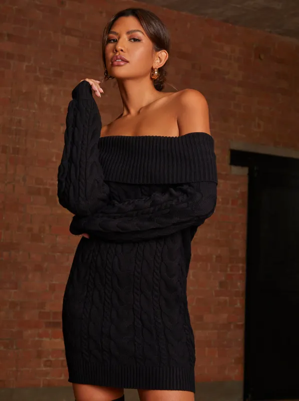 Off-Shoulder Cable Knit Jumper Dress in Black sold by Chi Chi London