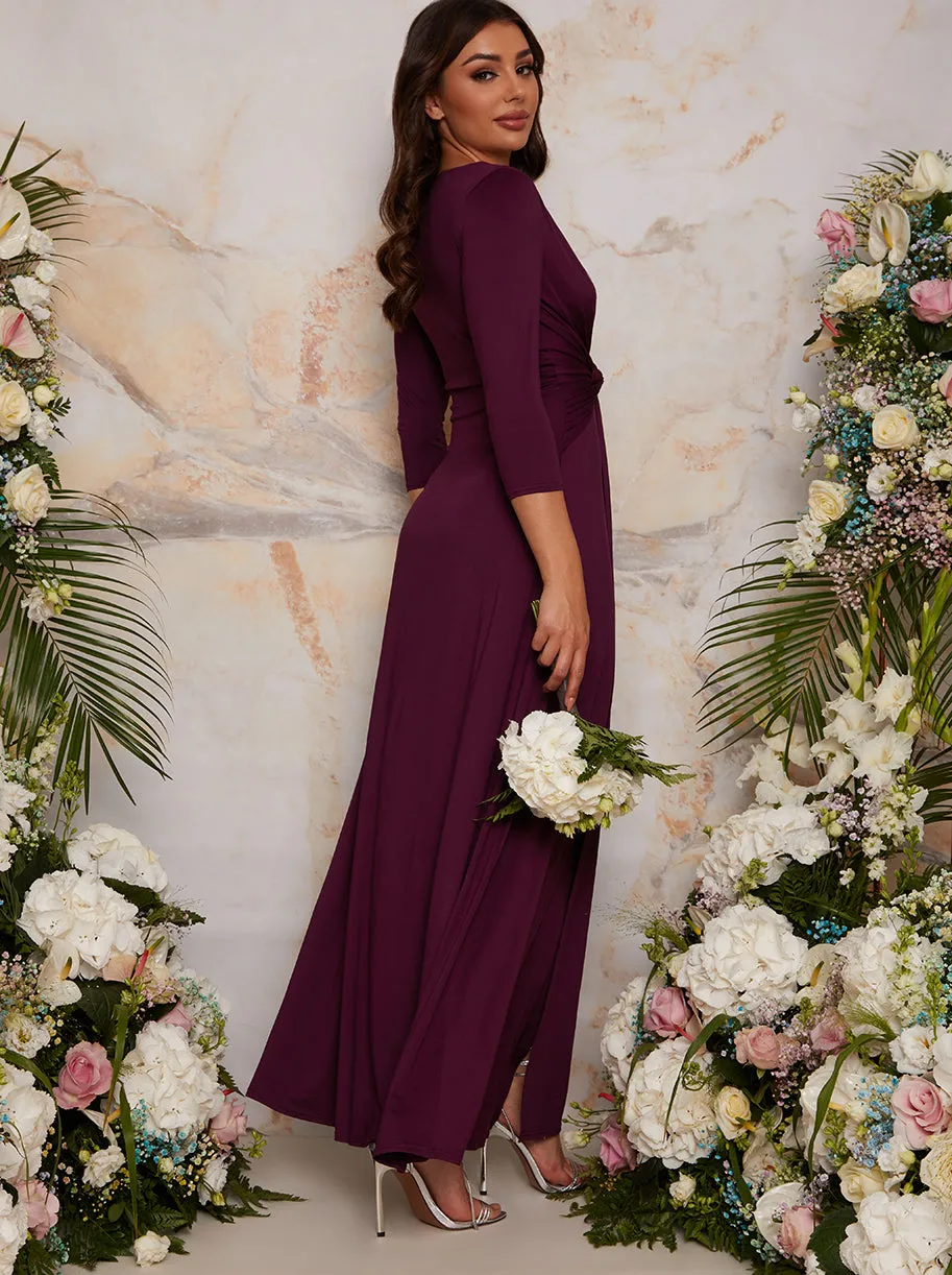 Long Sleeve V Neck Maxi Dress with Thigh Split in Berry sold by Chi Chi London product image thumbnail 4