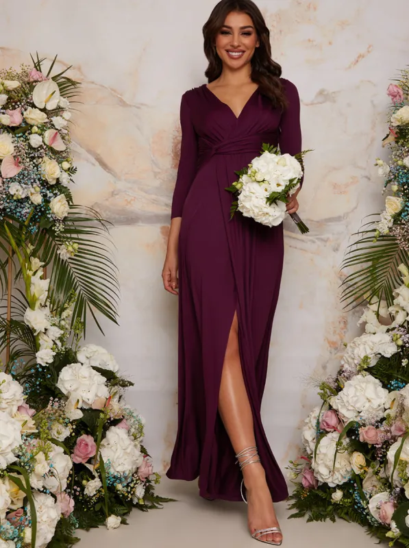 Long Sleeve V Neck Maxi Dress with Thigh Split in Berry made by Chi Chi London