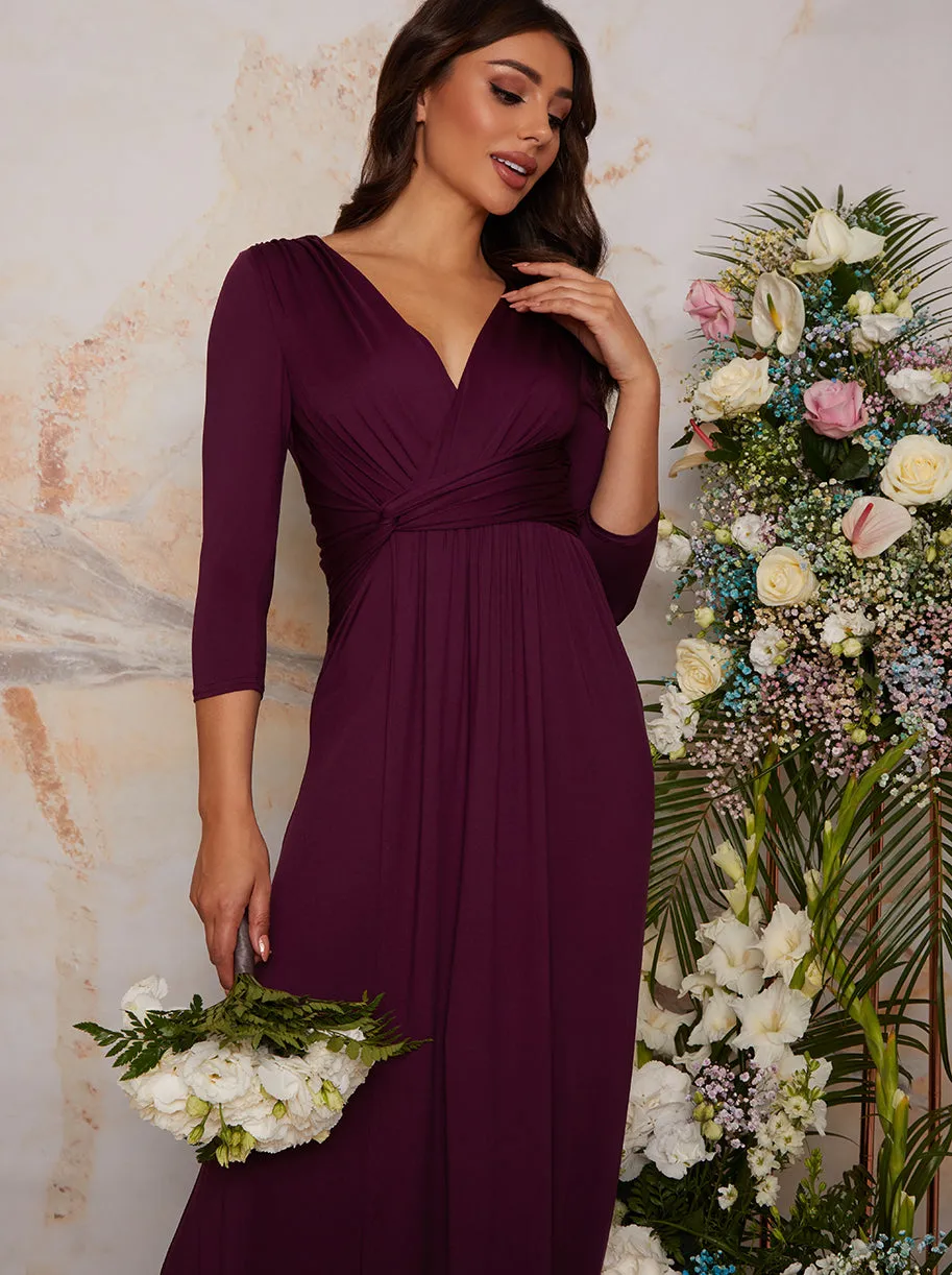 Long Sleeve V Neck Maxi Dress with Thigh Split in Berry sold by Chi Chi London product image thumbnail 2