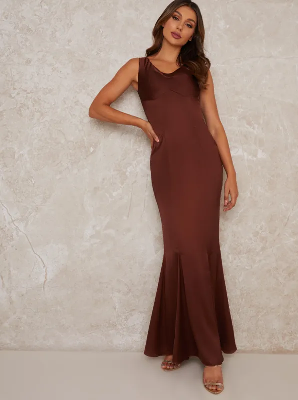 Satin Slip Maxi Dress in Brown sold by Chi Chi London