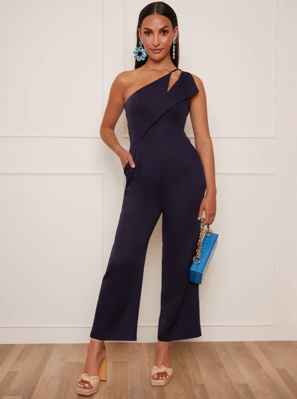 Petite Cut Out One Shoulder Jumpsuit in Navy sold by Chi Chi London