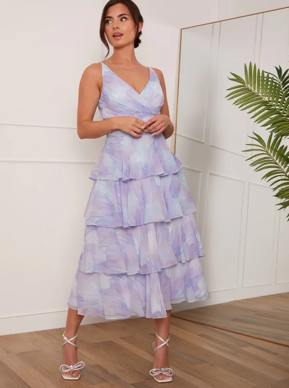 Petite Sleeveless Watercolour Print Midi Dress in Lilac sold by Chi Chi London