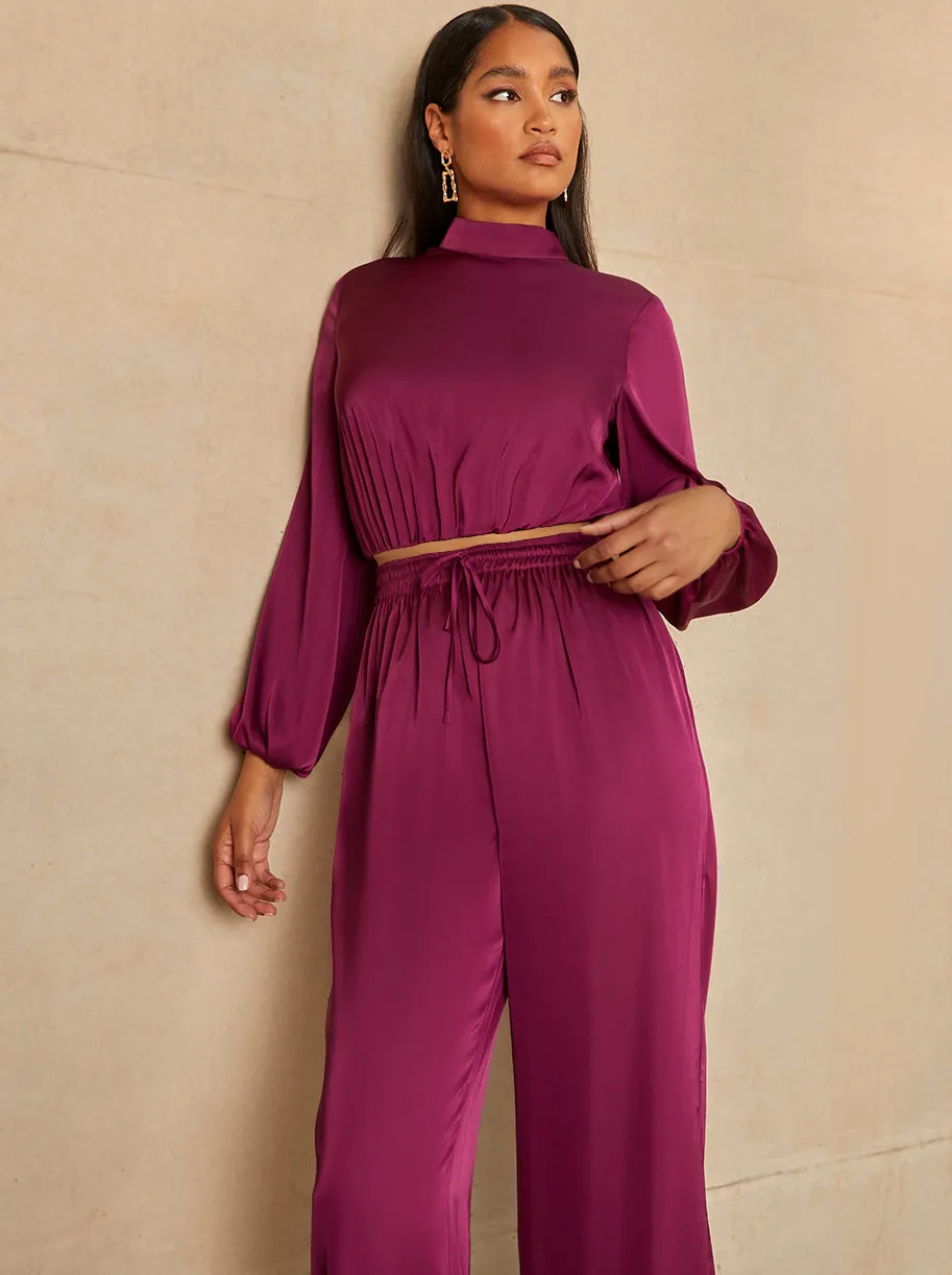Satin Wide Leg Elasticated Waist Trousers in Berry sold by Chi Chi London product image thumbnail 2