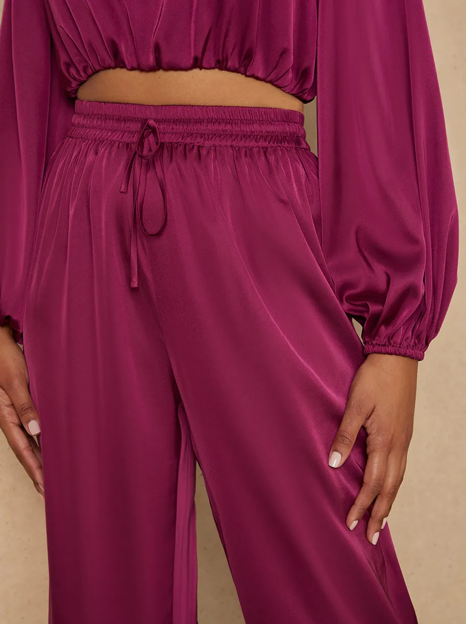 Satin Wide Leg Elasticated Waist Trousers in Berry sold by Chi Chi London product image thumbnail 4