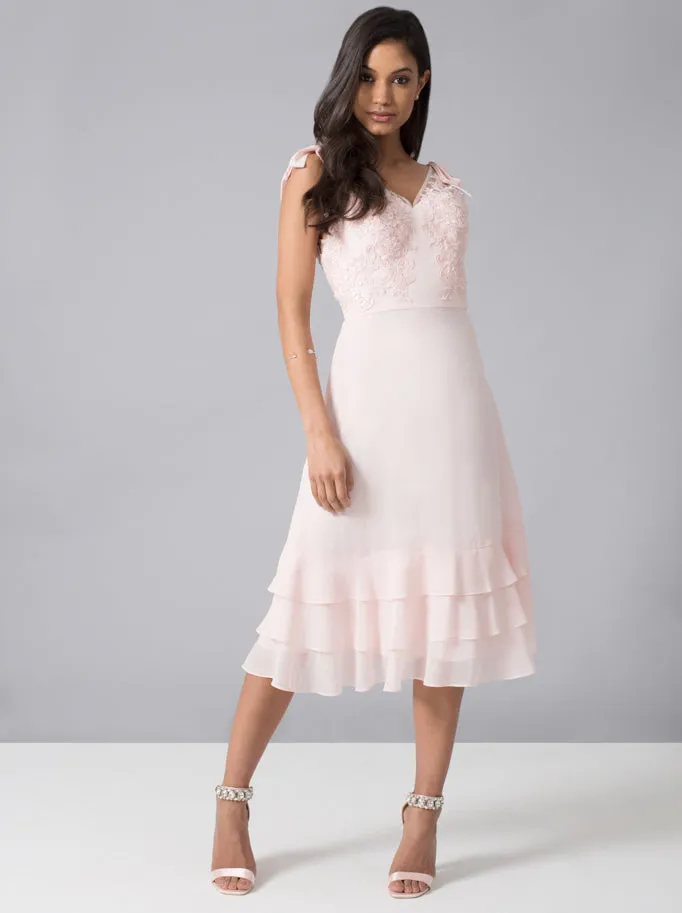 Embroidered Bodice Frill Hem Midi Dress in Pink sold by Chi Chi London product image thumbnail 4