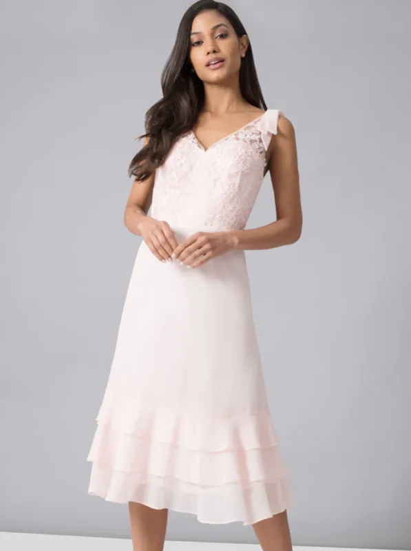Embroidered Bodice Frill Hem Midi Dress in Pink sold by Chi Chi London
