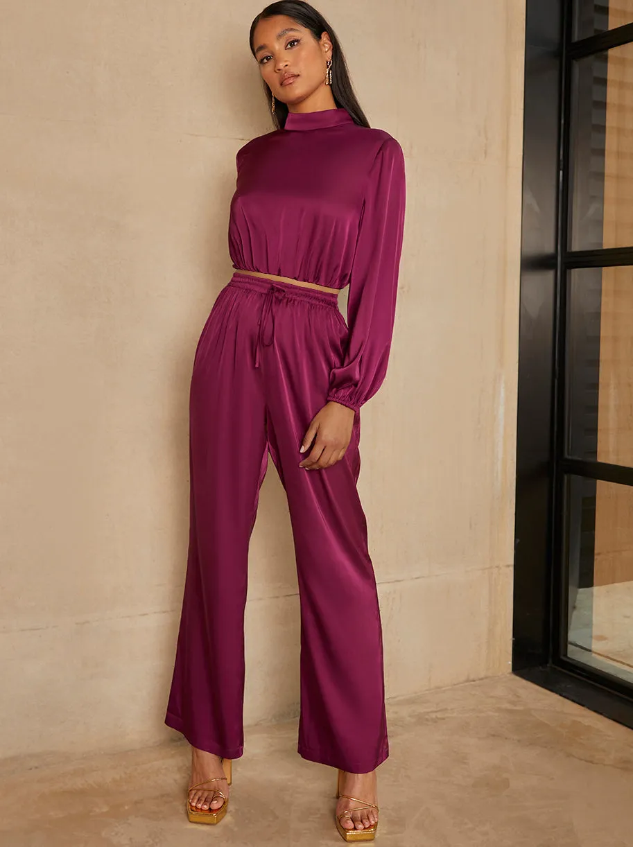 Satin Wide Leg Elasticated Waist Trousers in Berry sold by Chi Chi London