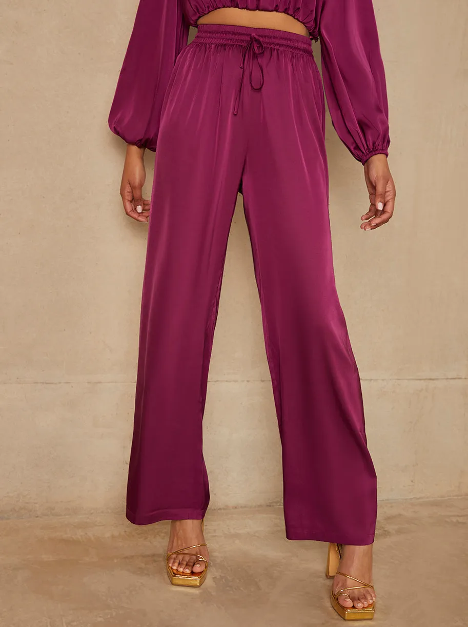 Satin Wide Leg Elasticated Waist Trousers in Berry sold by Chi Chi London product image thumbnail 3