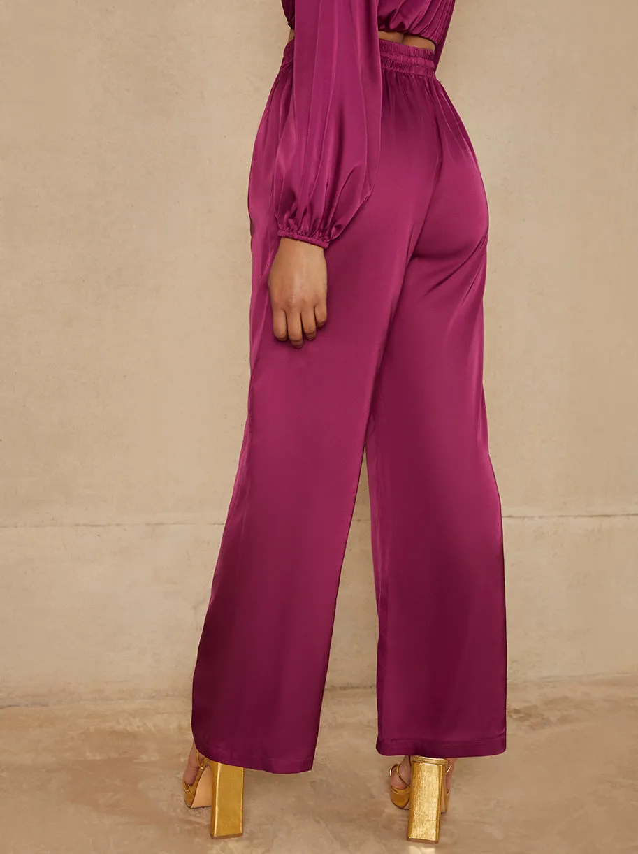 Satin Wide Leg Elasticated Waist Trousers in Berry sold by Chi Chi London product image thumbnail 5