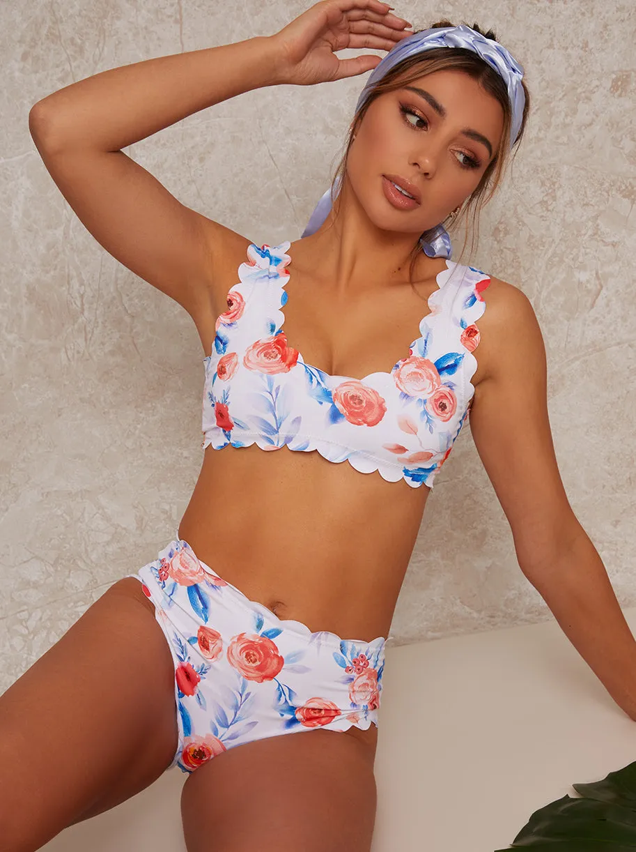Scallop Edge Floral Print High Waisted Bikini Bottoms in White sold by Chi Chi London product image thumbnail 2