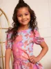 Younger Girls Puff Sleeve Floral Midi Dress in Pink sold by Chi Chi London