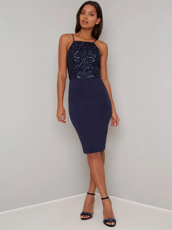 Sequinned Cami Strap Bodycon Midi Dress in Navy sold by Chi Chi London