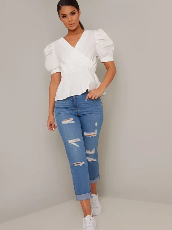 Puff Sleeve Wrap Style Top in White sold by Chi Chi London