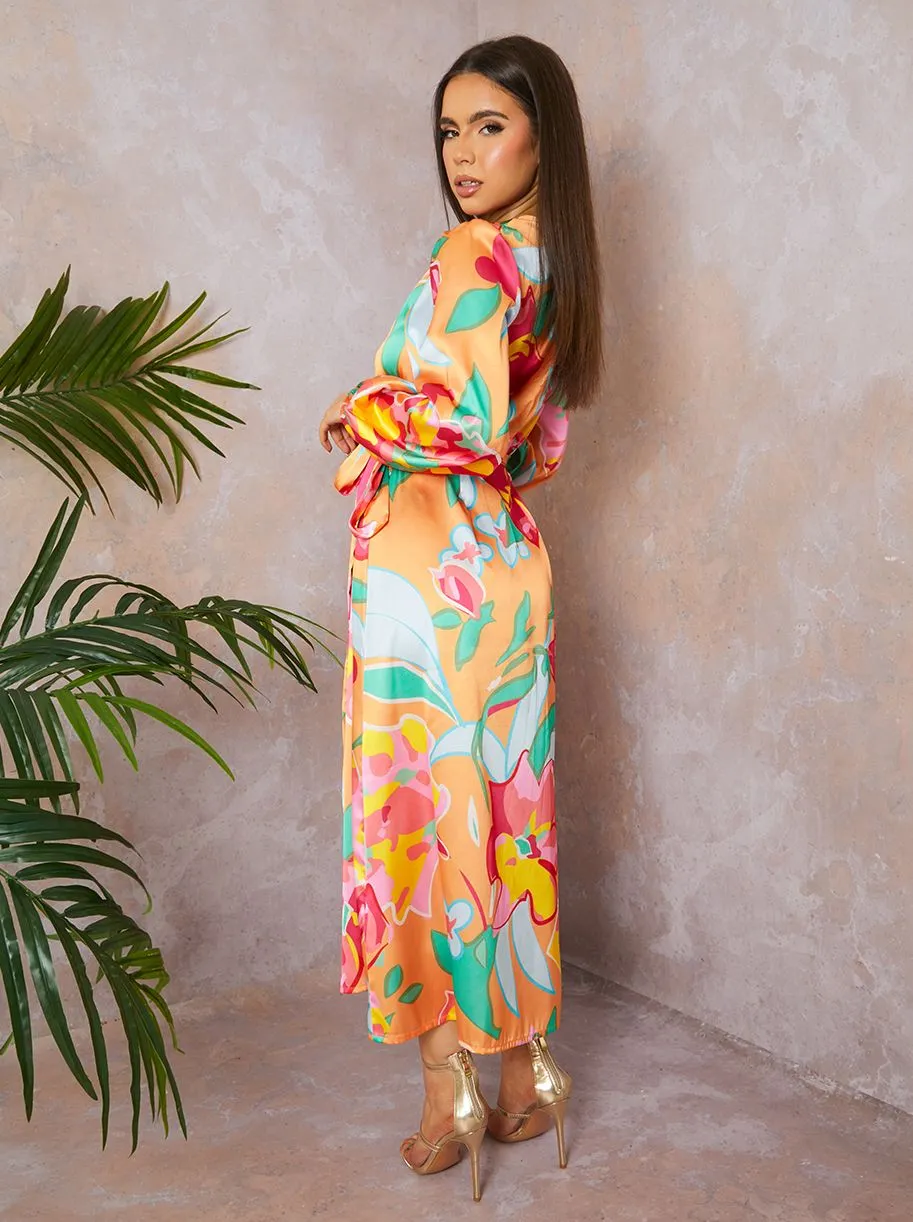 Long Sleeve Floral Wrap Dress in Orange sold by Chi Chi London product image thumbnail 2