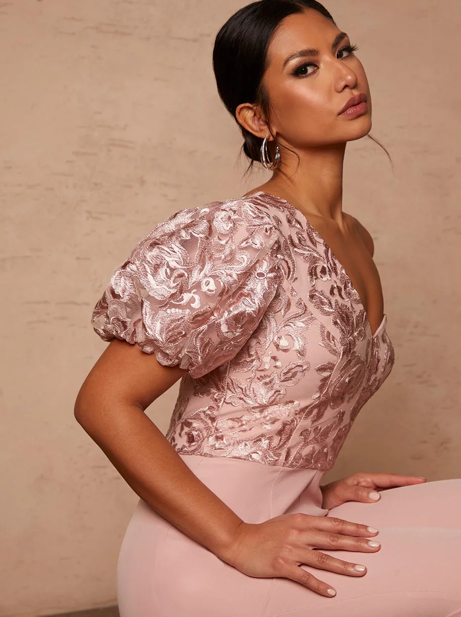 One Shoulder Puff Sleeve Embroidered Jumpsuit in Pink sold by Chi Chi London product image thumbnail 5