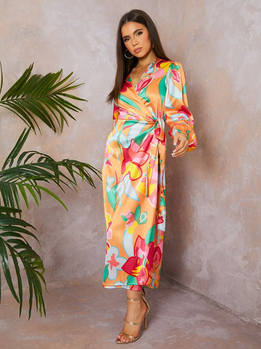 Long Sleeve Floral Wrap Dress in Orange sold by Chi Chi London