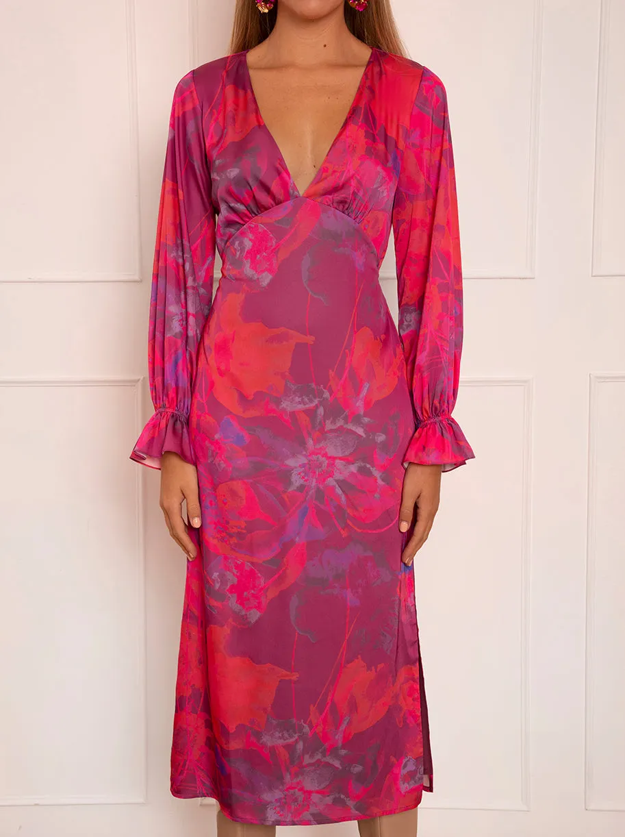 Long Sleeve V Neck Floral Print Dress in Pink sold by Chi Chi London product image thumbnail 5