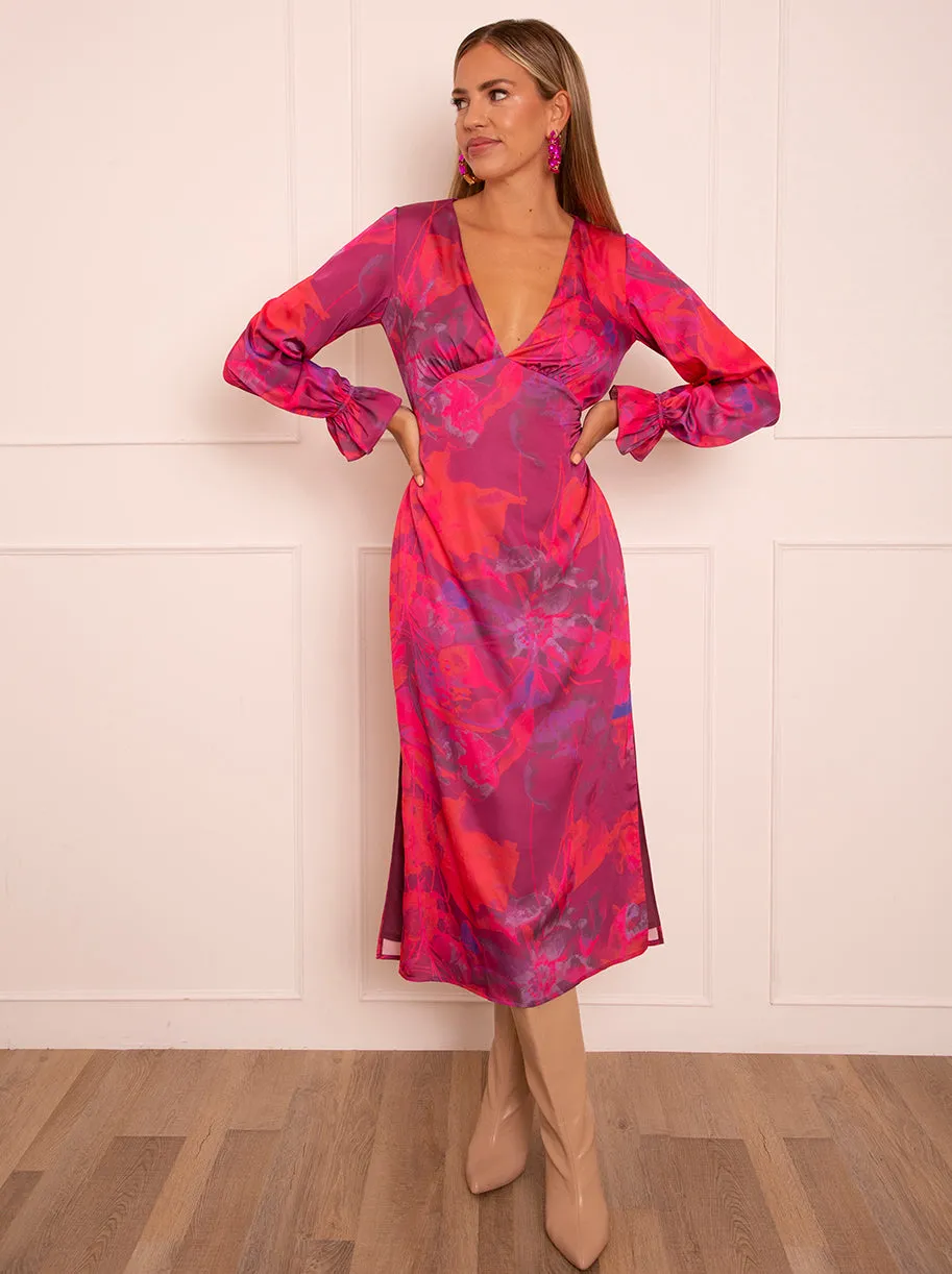 Long Sleeve V Neck Floral Print Dress in Pink sold by Chi Chi London