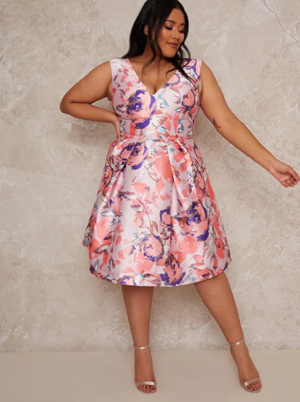 Plus Size V neck Floral Print Midi Dress in Pink sold by Chi Chi London
