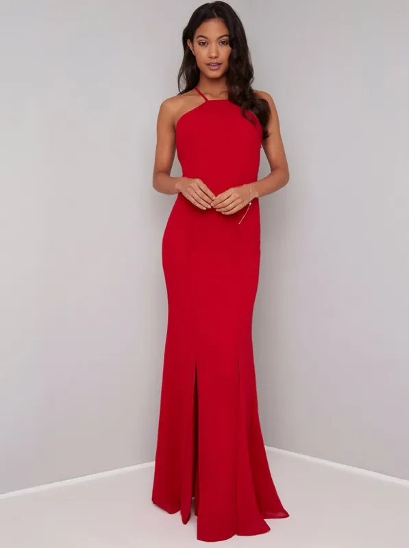 Lace Back Maxi Dress in Red made by Chi Chi London