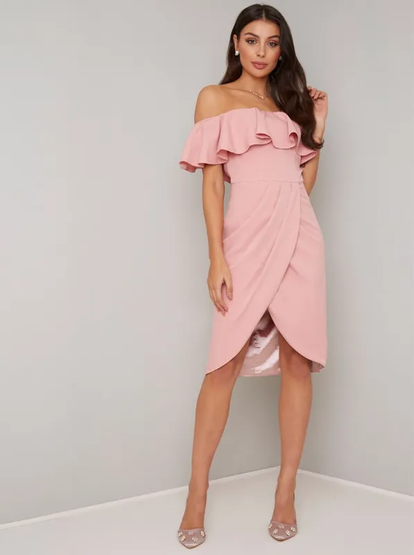 Bandeau Ruffle Bodycon Dress in Rose Gold sold by Chi Chi London