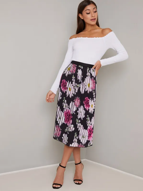 Floral Print Pleated Midi Skirt in Blue sold by Chi Chi London