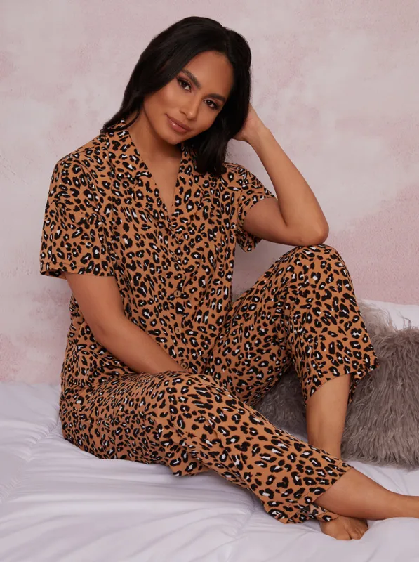 Short Sleeve Pyjamas in Brown Animal Print sold by Chi Chi London