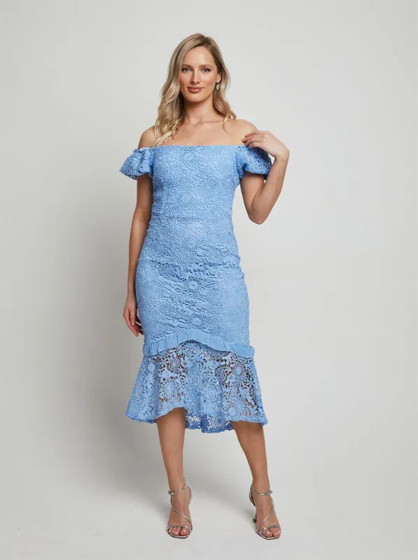 Bardot Premium Lace Peplum Midi Dress in Blue made by Chi Chi London
