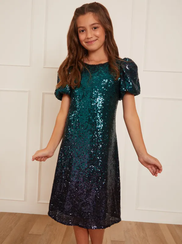 Older Girls Puff Sleeve Sequin Midi Dress in Green sold by Chi Chi London